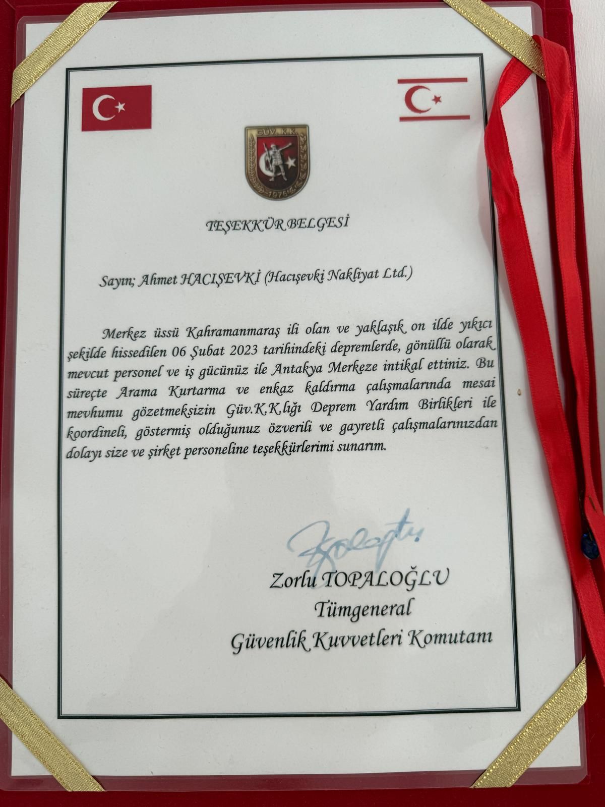 Deprem Yardım Teşekkürü