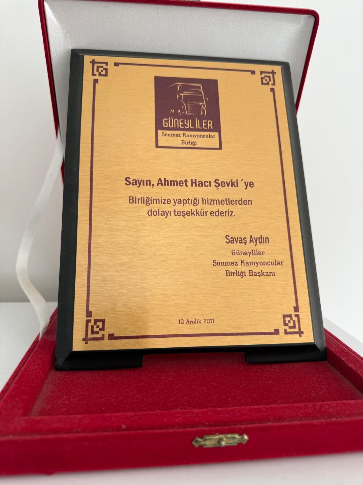 Güneyliler Teşekkür Belgesi